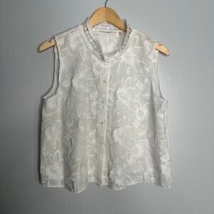 Tahari Women's White Floral Embroidered‎ Sleeveless Button Front Blouse Size L